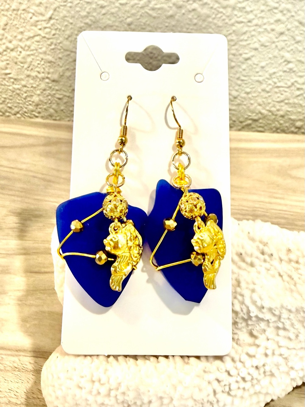 16. Gold & Royal Blue sea glass Fish Drop Earrings - Women Jewelry
